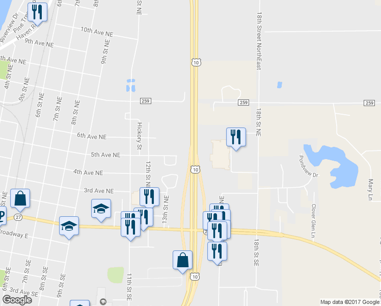 map of restaurants, bars, coffee shops, grocery stores, and more near U.S. 10 in Little Falls