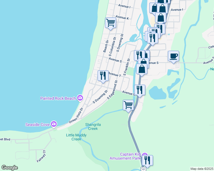 map of restaurants, bars, coffee shops, grocery stores, and more near 2320 South Downing Street in Seaside