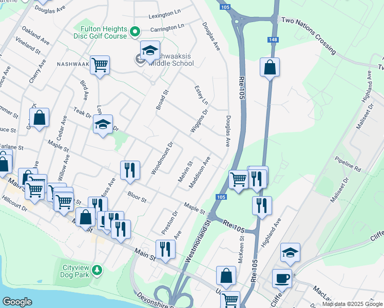 map of restaurants, bars, coffee shops, grocery stores, and more near 127 Melvin Street in Fredericton
