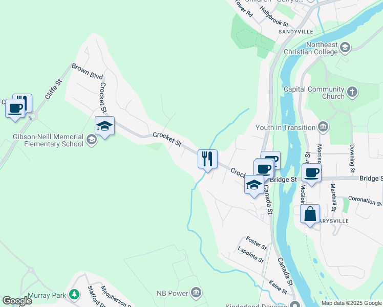 map of restaurants, bars, coffee shops, grocery stores, and more near 144 Crocket Street in Fredericton