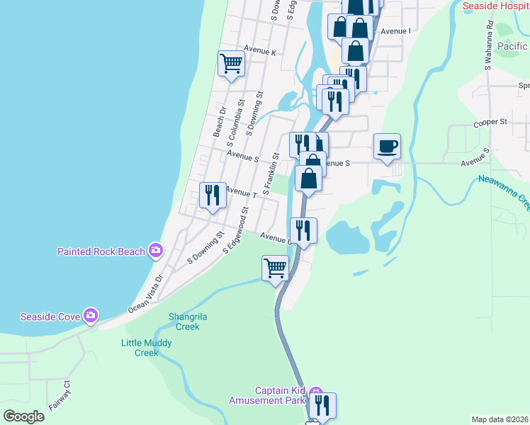map of restaurants, bars, coffee shops, grocery stores, and more near 2149 South Franklin Street in Seaside