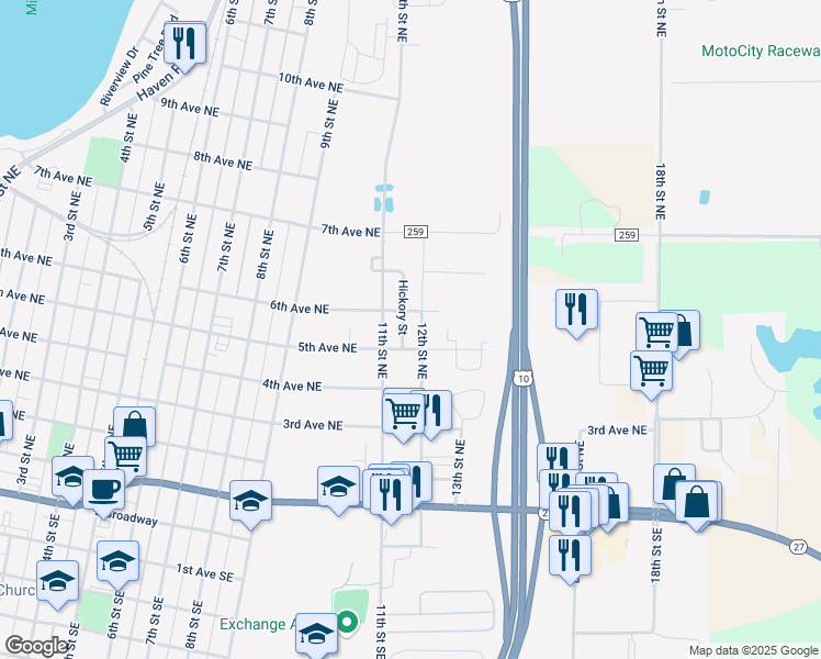 map of restaurants, bars, coffee shops, grocery stores, and more near 1111 6th Avenue Northeast in Little Falls