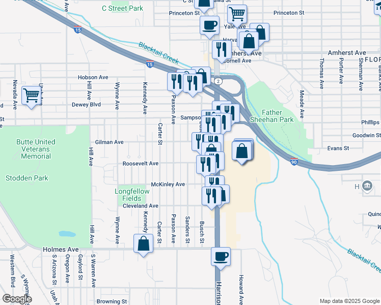 map of restaurants, bars, coffee shops, grocery stores, and more near 2101-2141 Gilman Avenue in Butte