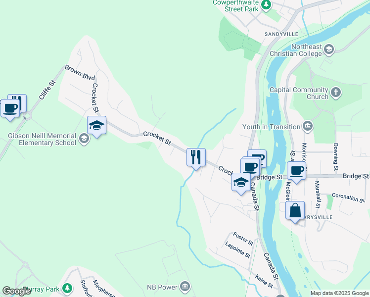 map of restaurants, bars, coffee shops, grocery stores, and more near 144 Crocket Street in Fredericton