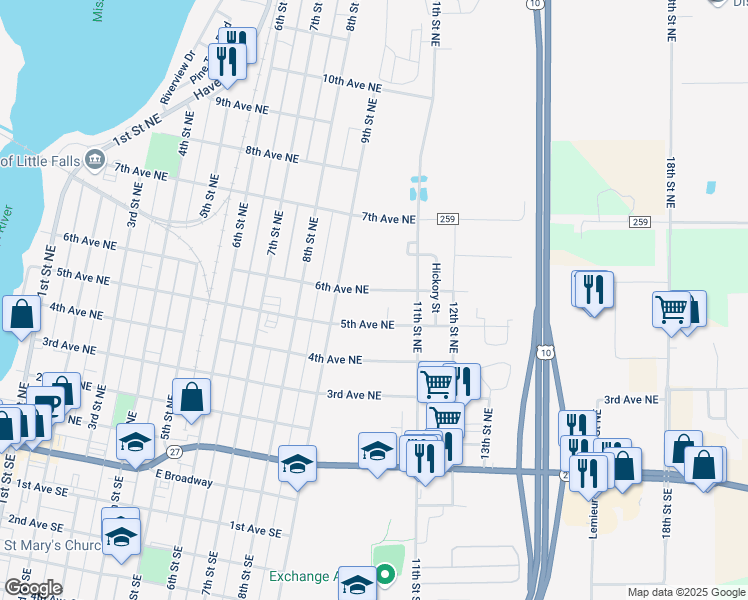 map of restaurants, bars, coffee shops, grocery stores, and more near 916 6th Avenue Northwest in Little Falls