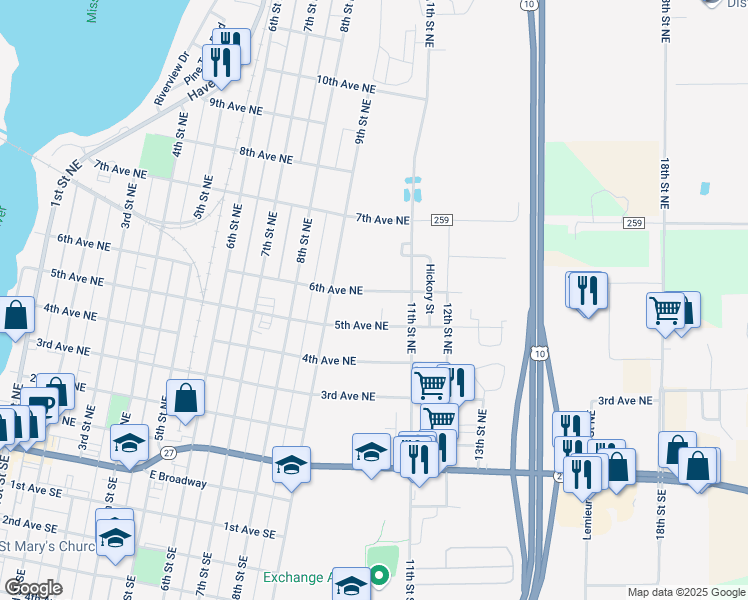 map of restaurants, bars, coffee shops, grocery stores, and more near 916 6th Avenue Northwest in Little Falls