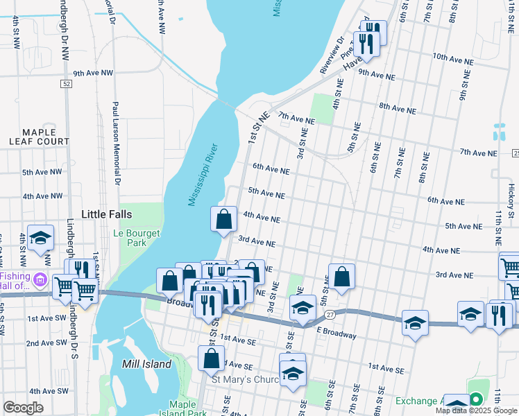 map of restaurants, bars, coffee shops, grocery stores, and more near 505 2nd Street Northeast in Little Falls