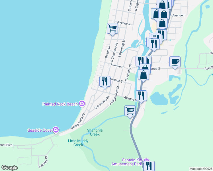 map of restaurants, bars, coffee shops, grocery stores, and more near 2217 South Columbia Street in Seaside