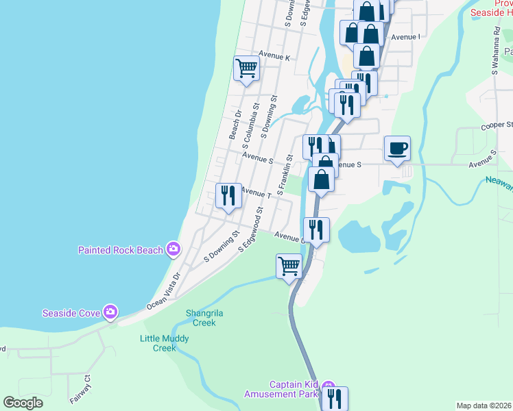 map of restaurants, bars, coffee shops, grocery stores, and more near 2125 South Downing Street in Seaside