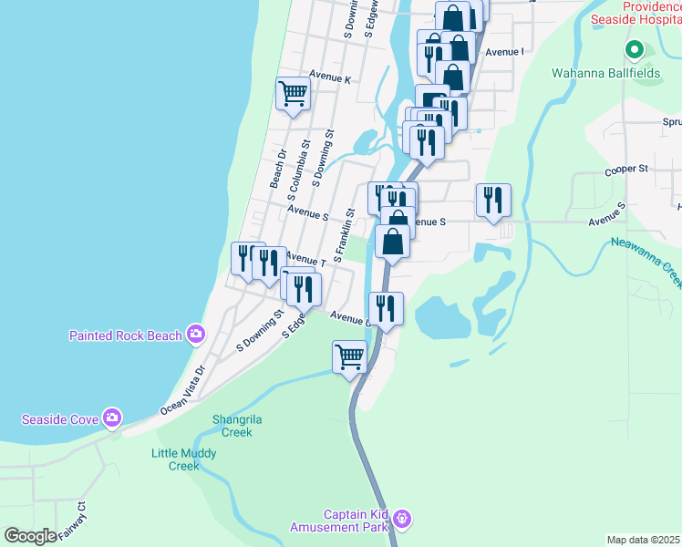 map of restaurants, bars, coffee shops, grocery stores, and more near 2125 South Franklin Street in Seaside