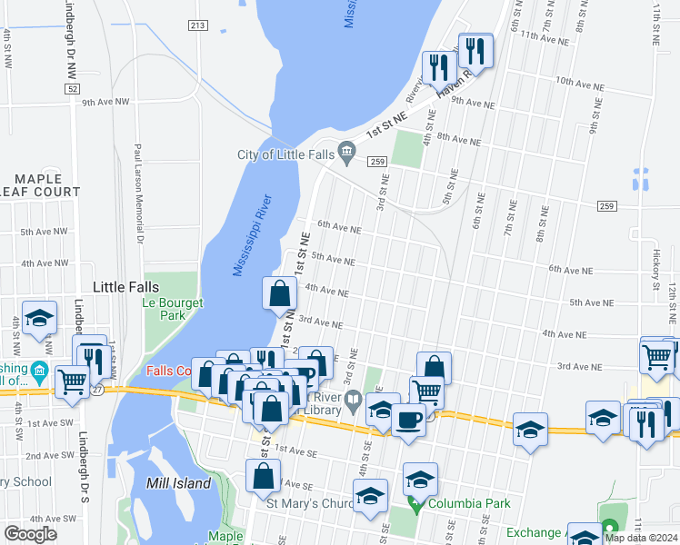 map of restaurants, bars, coffee shops, grocery stores, and more near 510 2nd Street Northeast in Little Falls