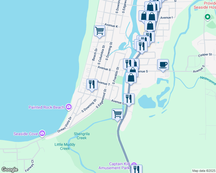 map of restaurants, bars, coffee shops, grocery stores, and more near 2125 South Edgewood Street in Seaside