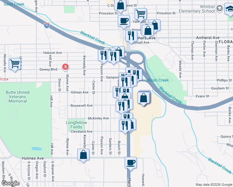 map of restaurants, bars, coffee shops, grocery stores, and more near 2101-2141 Gilman Avenue in Butte
