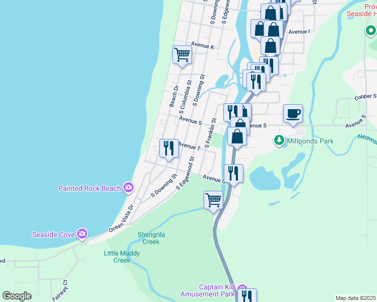 map of restaurants, bars, coffee shops, grocery stores, and more near 2125 South Downing Street in Seaside