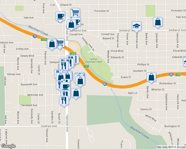 map of restaurants, bars, coffee shops, grocery stores, and more near Interstate 90 in Butte