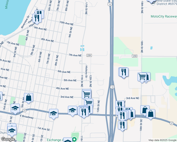 map of restaurants, bars, coffee shops, grocery stores, and more near 1111 6th Avenue Northeast in Little Falls