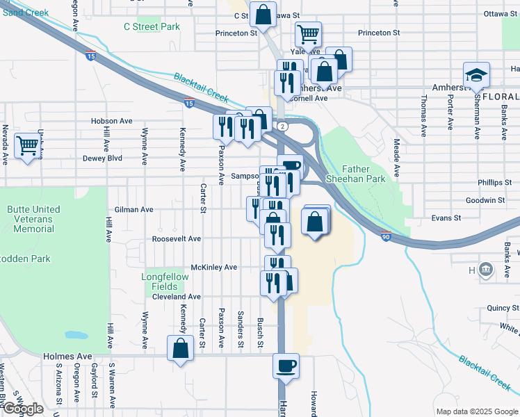 map of restaurants, bars, coffee shops, grocery stores, and more near 2141 Gilman Avenue in Butte