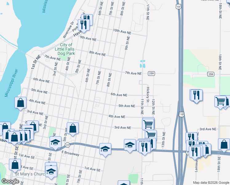 map of restaurants, bars, coffee shops, grocery stores, and more near 905 6th Avenue Northeast in Little Falls