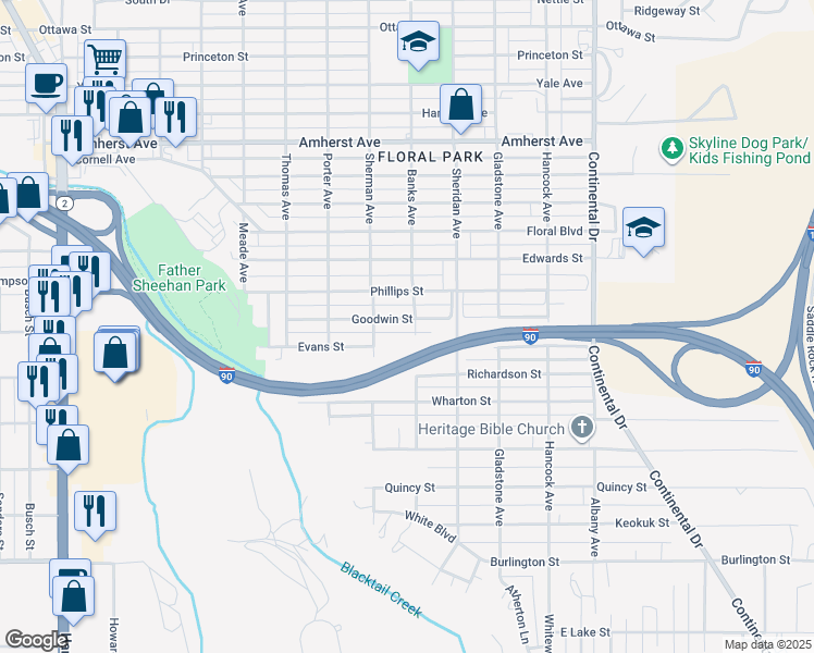 map of restaurants, bars, coffee shops, grocery stores, and more near 3463 Banks Avenue in Butte