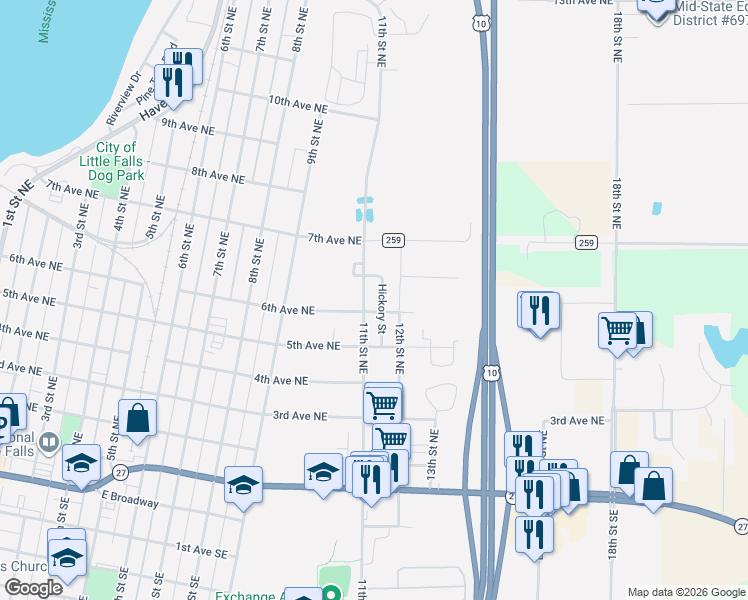 map of restaurants, bars, coffee shops, grocery stores, and more near 615 11th Street Northeast in Little Falls