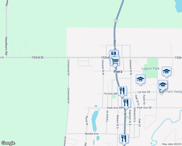 map of restaurants, bars, coffee shops, grocery stores, and more near 218 2nd Avenue Northwest in Pierz