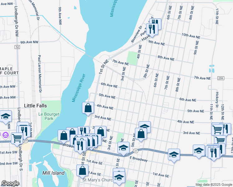 map of restaurants, bars, coffee shops, grocery stores, and more near 510 2nd Street Northeast in Little Falls
