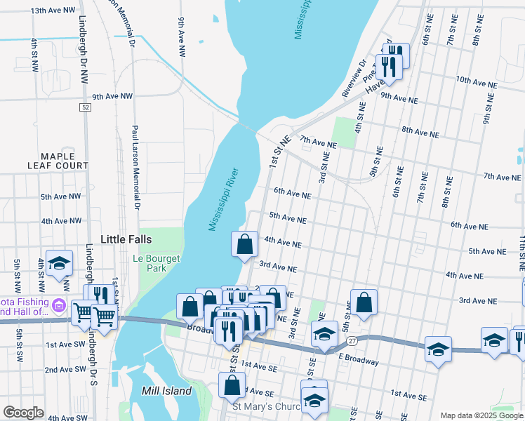 map of restaurants, bars, coffee shops, grocery stores, and more near 609 1st Street Northeast in Little Falls