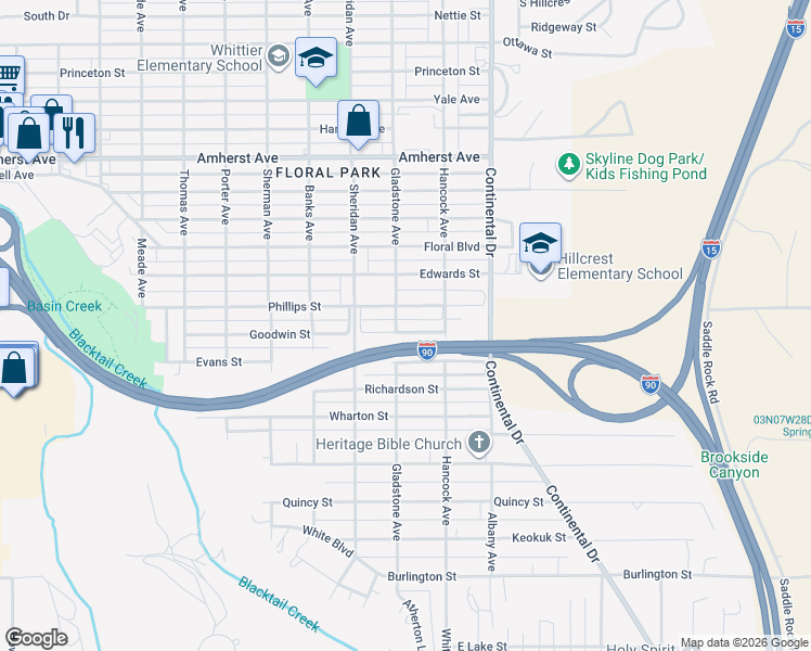 map of restaurants, bars, coffee shops, grocery stores, and more near 3185-3199 Gladstone Avenue in Butte