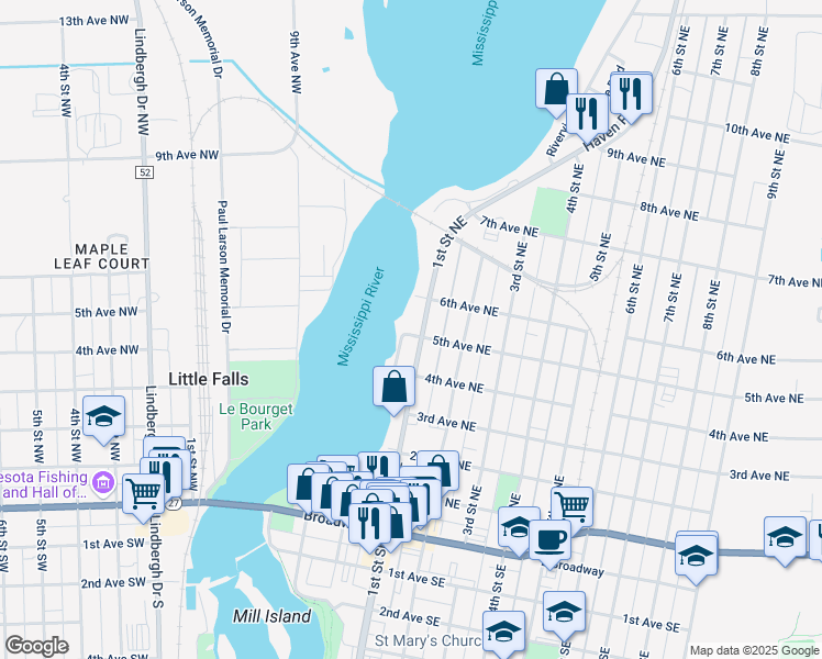 map of restaurants, bars, coffee shops, grocery stores, and more near 609 1st Street Northeast in Little Falls