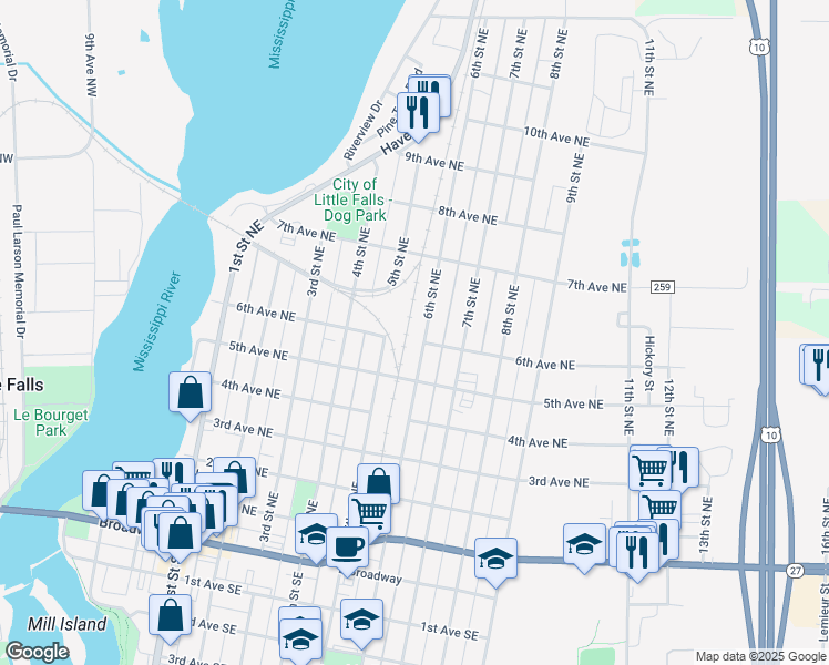 map of restaurants, bars, coffee shops, grocery stores, and more near 716 6th Street Northeast in Little Falls