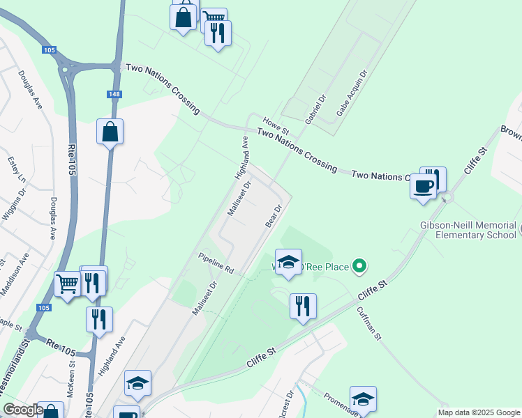 map of restaurants, bars, coffee shops, grocery stores, and more near 55 Brooks Court in Fredericton