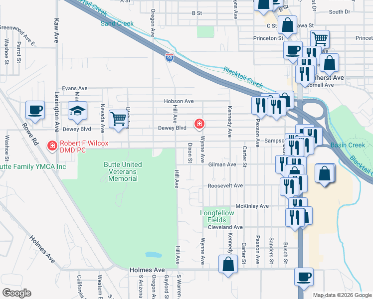 map of restaurants, bars, coffee shops, grocery stores, and more near 1424 Sampson Avenue in Butte