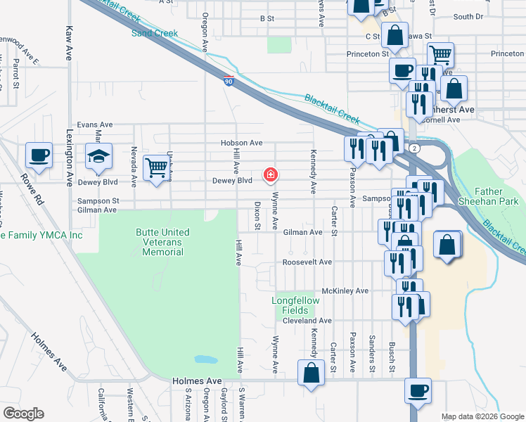 map of restaurants, bars, coffee shops, grocery stores, and more near 1424 Sampson Avenue in Butte