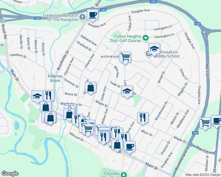 map of restaurants, bars, coffee shops, grocery stores, and more near 103 Hilltop Drive in Fredericton