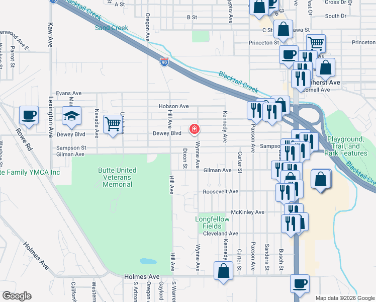 map of restaurants, bars, coffee shops, grocery stores, and more near 1424 Sampson Avenue in Butte
