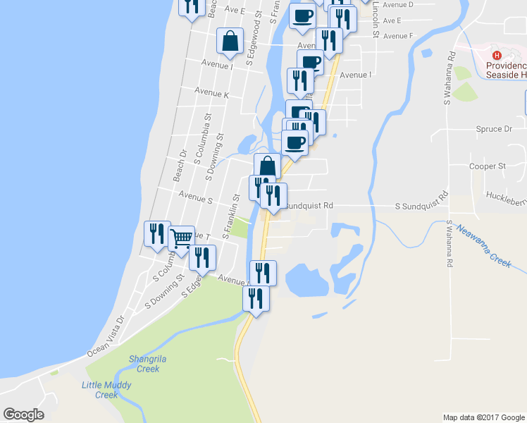 map of restaurants, bars, coffee shops, grocery stores, and more near 1800 South Roosevelt Drive in Seaside