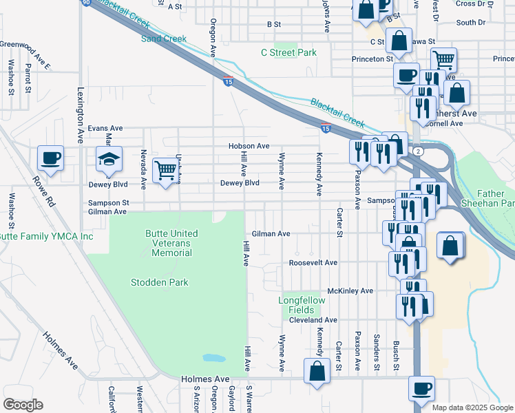 map of restaurants, bars, coffee shops, grocery stores, and more near 1424 Sampson Street in Butte