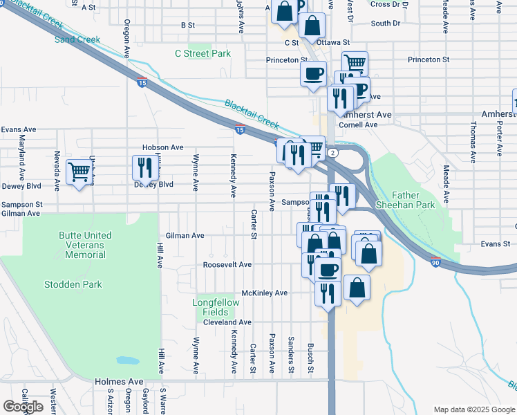 map of restaurants, bars, coffee shops, grocery stores, and more near 1820 Sampson Avenue in Butte