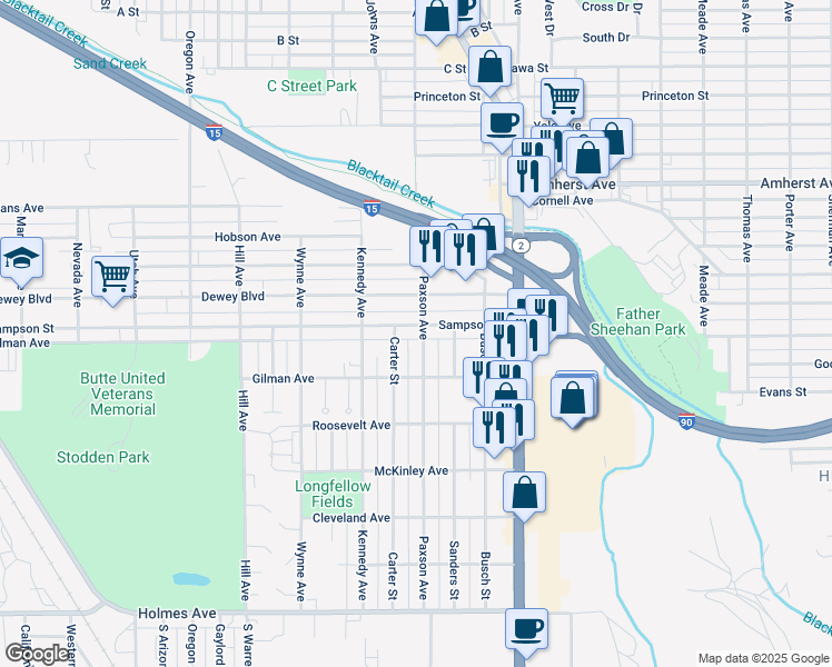 map of restaurants, bars, coffee shops, grocery stores, and more near 1820 Sampson Street in Butte