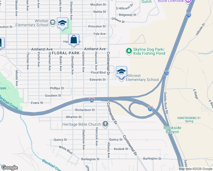 map of restaurants, bars, coffee shops, grocery stores, and more near 3221 Phillips Street in Butte