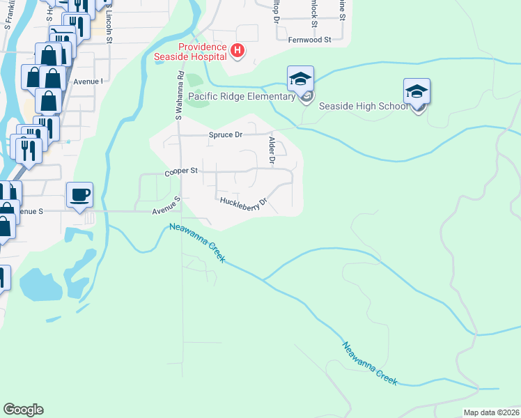 map of restaurants, bars, coffee shops, grocery stores, and more near 1940 Huckleberry Drive in Seaside