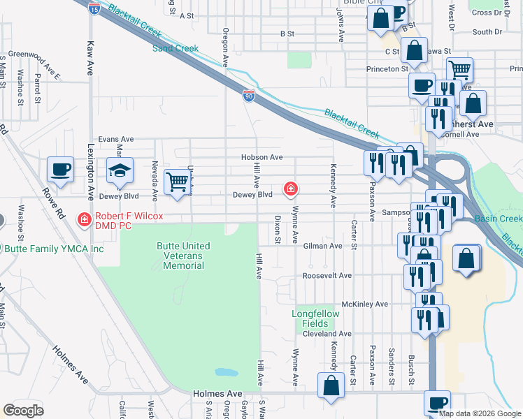 map of restaurants, bars, coffee shops, grocery stores, and more near 1424 Sampson Avenue in Butte