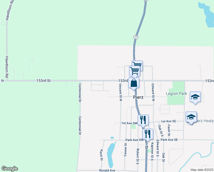 map of restaurants, bars, coffee shops, grocery stores, and more near 302 3rd Avenue Northeast in Pierz
