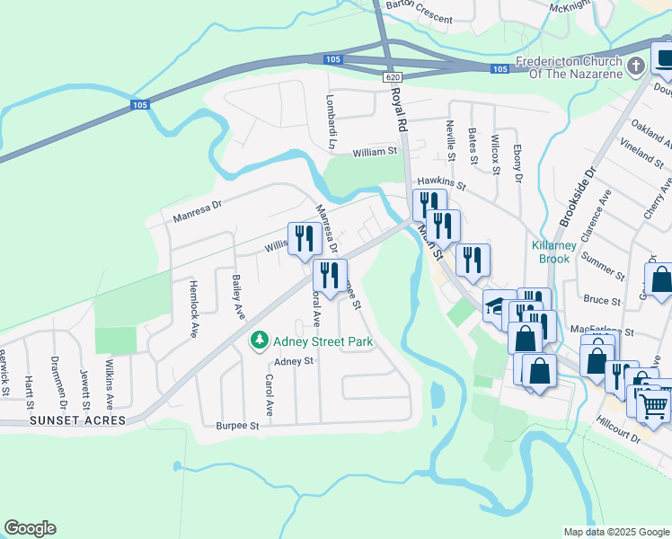 map of restaurants, bars, coffee shops, grocery stores, and more near 360 Sunset Drive in Fredericton