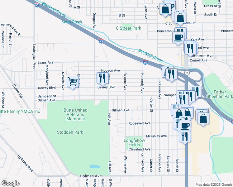 map of restaurants, bars, coffee shops, grocery stores, and more near 1424 Sampson Avenue in Butte