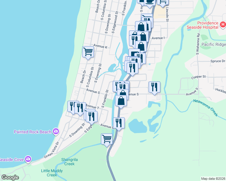 map of restaurants, bars, coffee shops, grocery stores, and more near 1800 South Roosevelt Drive in Seaside