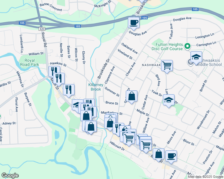 map of restaurants, bars, coffee shops, grocery stores, and more near 106 Summer Street in Fredericton