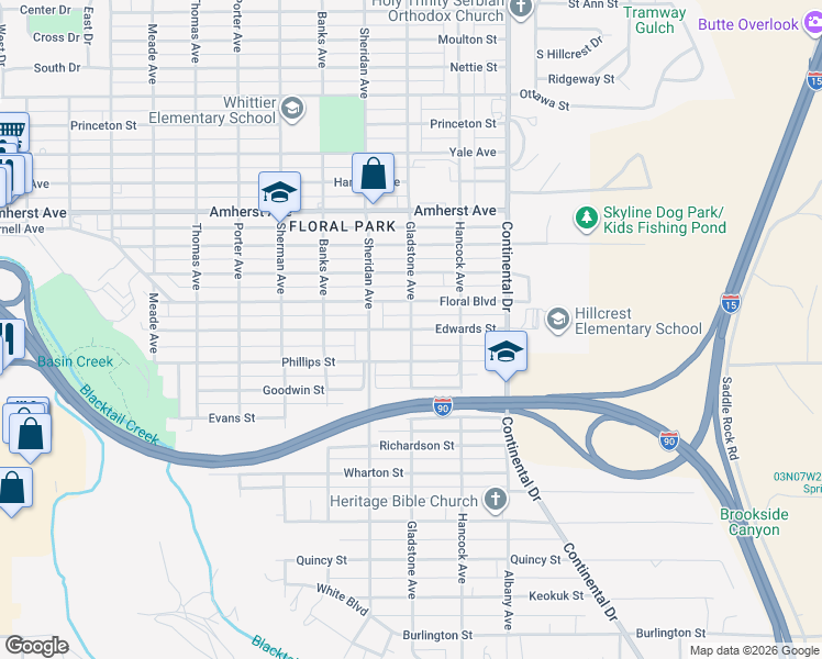 map of restaurants, bars, coffee shops, grocery stores, and more near 3185 Gladstone Avenue in Butte