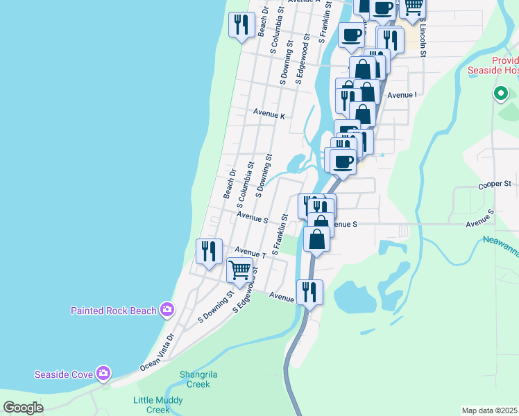map of restaurants, bars, coffee shops, grocery stores, and more near 231 Lewis and Clark Way in Seaside