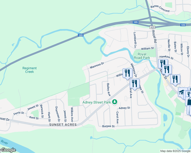map of restaurants, bars, coffee shops, grocery stores, and more near 118 Bailey Avenue in Fredericton